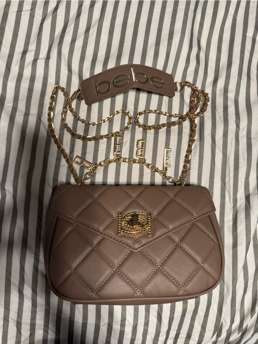 Bebe Quilted Crossbody/Shoulder Bag – Taupe with Gold Hardware